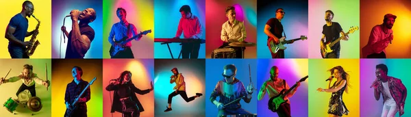 Collage av porträtt av unga musiker på flerfärgad bakgrund i neon — Stockfoto