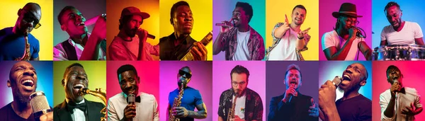 Collage di ritratti di giovani musicisti su sfondo multicolore al neon — Foto Stock