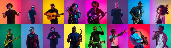 Collage of portraits of young musicians on multicolored background in neon — Stock Photo, Image