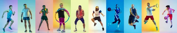 Спортивный коллаж профессиональных спортсменов или игроков на разноцветном фоне из неона — стоковое фото