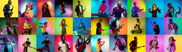 Collage of portraits of young musicians on multicolored background in neon — Stock Photo, Image