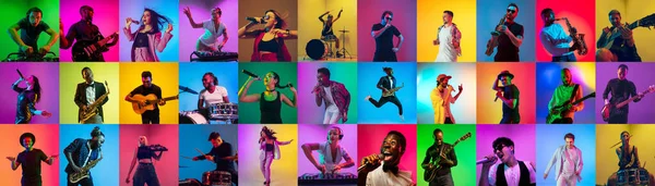 Collage de retratos de jóvenes músicos sobre fondo multicolor en neón —  Fotos de Stock