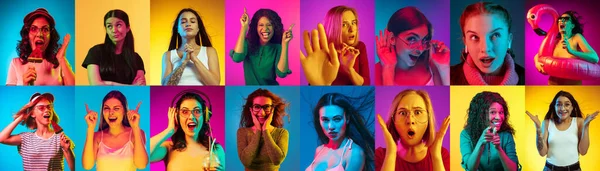 Collage de retratos de jóvenes sobre fondo multicolor en luz de neón — Foto de Stock