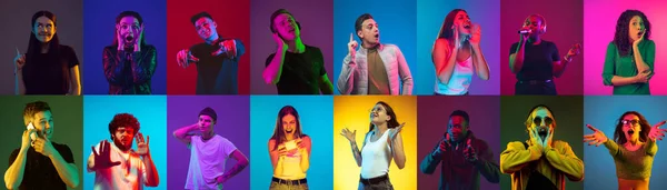 Koláž portrétů mladých lidí na pestrobarevném pozadí v neonovém světle — Stock fotografie