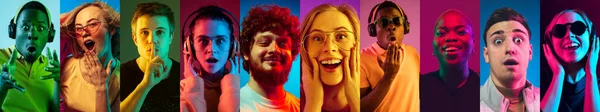 Collage di ritratti di giovani su sfondo multicolore in luce al neon — Foto Stock