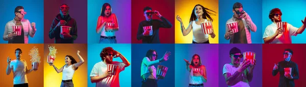 Collage of portraits of young people on multicolored background in neon light — Stock Photo, Image