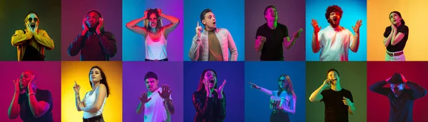 Collage of portraits of young people on multicolored background in neon light — Stock Photo, Image