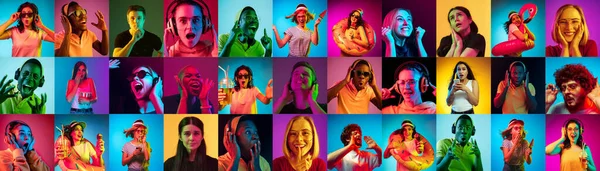 Collage of portraits of young people on multicolored background in neon light — Stock Photo, Image