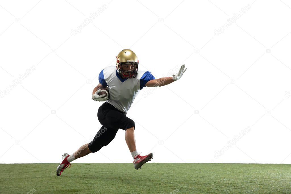 American football player in action isolated on white studio background