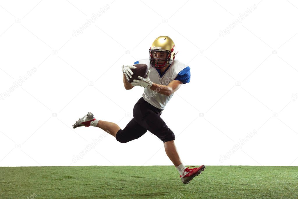 American football player in action isolated on white studio background