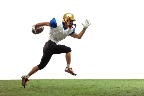 American-Football-Spieler in Aktion isoliert auf weißem Studiohintergrund — Stockfoto