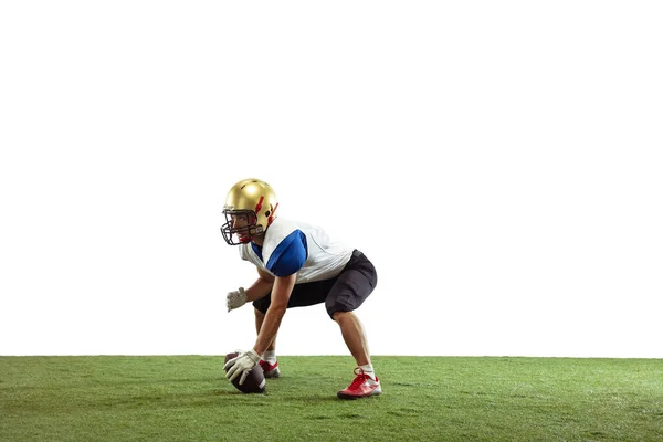 American football player in action isolated on white studio background — Stock Photo, Image