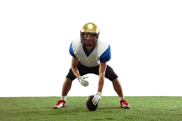 American football player in action isolated on white studio background — Stock Photo, Image