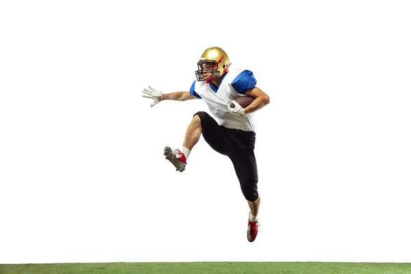 American football player in action isolated on white studio background — Stock Photo, Image