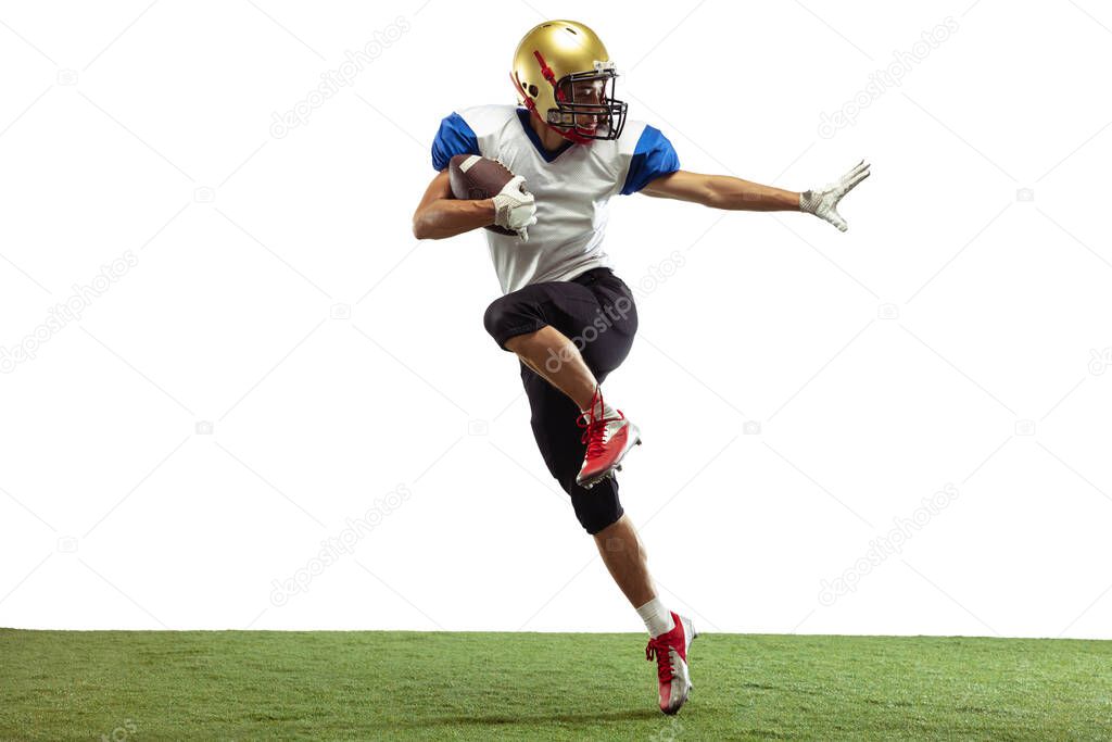 American football player in action isolated on white studio background