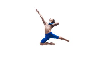 Modern dansçı, sanat tefekkür dansı, duyguların mavi ve beyaz kombinasyonu.