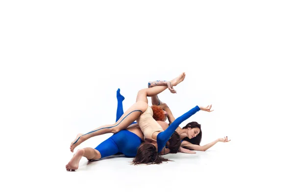 The group of modern dancers, art contemp dance, blue and white combination of emotions — Stock Photo, Image