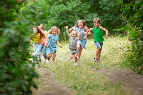 Kinder, Kinder, die auf der grünen Wiese laufen, Wald. Kindheit und Sommerzeit — Stockfoto