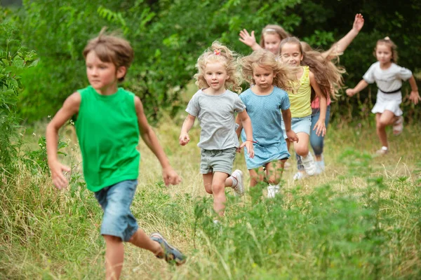 Дети, дети, бегущие по зеленому лугу, лесу. Детство и лето — стоковое фото