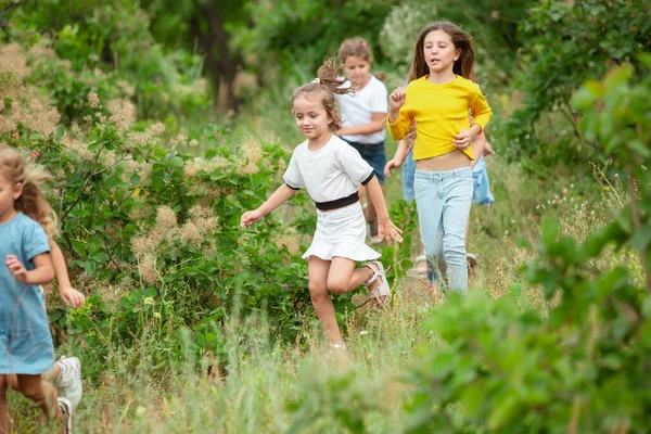 Niños, niños corriendo en el prado verde, bosque. Infancia y verano — Foto de Stock