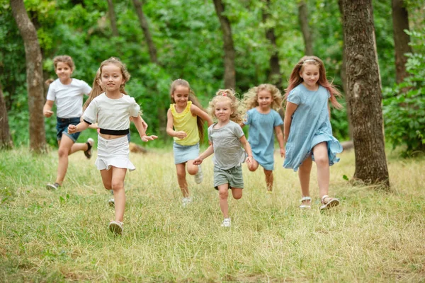 Dzieci, dzieci biegające po zielonej łące, lesie. Dzieciństwo i lato — Zdjęcie stockowe