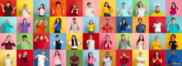 Collage von Porträts junger Menschen vor buntem Hintergrund — Stockfoto