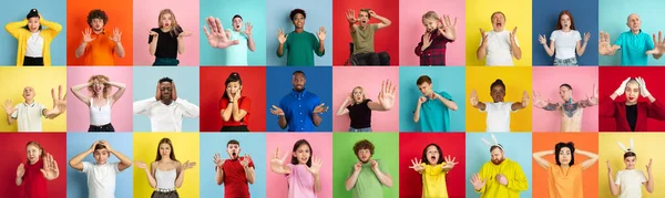 Kolaż portretów młodych ludzi na kolorowym tle — Zdjęcie stockowe