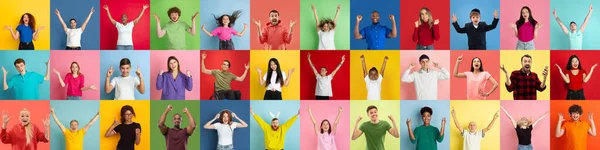 Collage of portraits of young people on multicolored background — Stock Photo, Image