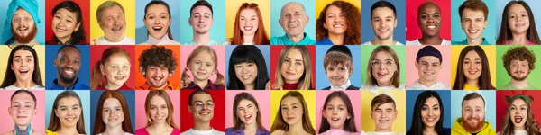 Koláž portrétů mladých lidí na pestrobarevném pozadí — Stock fotografie