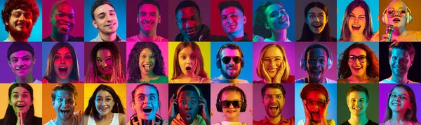 Neon rengi arka planda genç insanların portrelerinin kolajı — Stok fotoğraf
