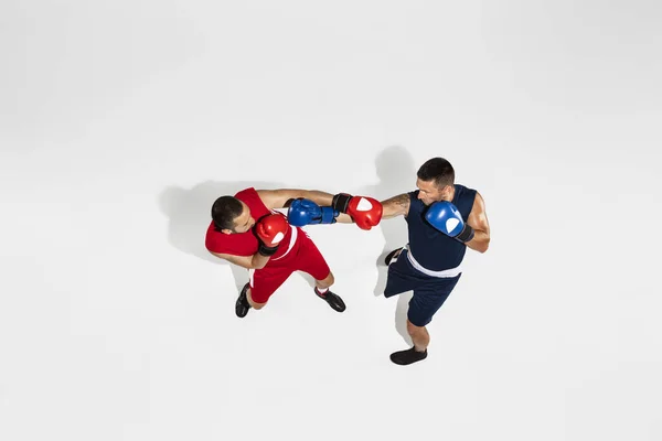 Deux boxeurs professionnels boxe isolés sur fond de studio blanc, action, vue de dessus — Photo