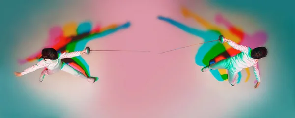 Teen girl in fencing costume with sword in hand on gradient background with neon light, top view — Stock Photo, Image