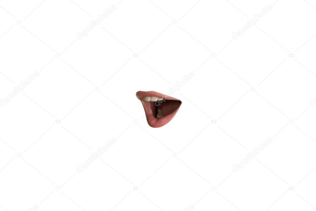 Close-up view of female mouth wearing lipstick isolated on white studio background