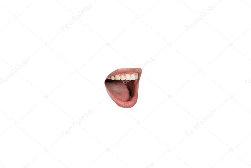 Close-up view of female mouth wearing lipstick isolated on white studio background