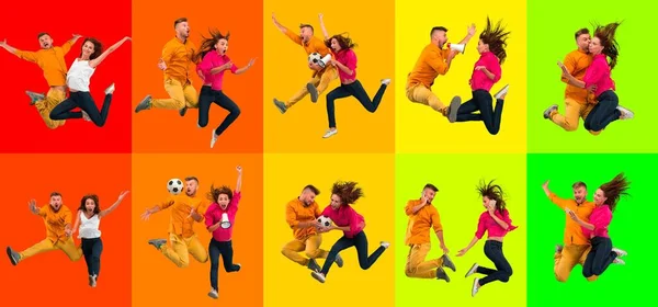 Collage de retratos de jóvenes saltando sobre fondo multicolor en movimiento y acción —  Fotos de Stock