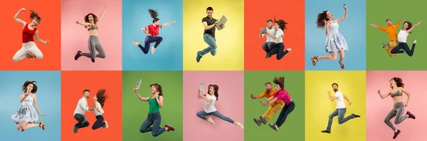 Collage of portraits of young jumping people on multicolored background in motion and action — Stock Photo, Image