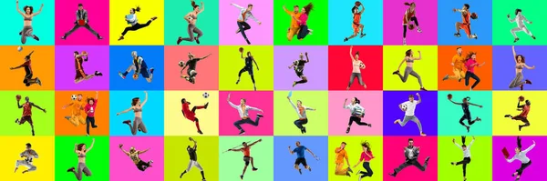 Collage de retratos de jóvenes saltando sobre fondo multicolor en movimiento y acción —  Fotos de Stock
