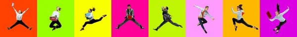 Collage van portretten van jonge springende mensen op veelkleurige achtergrond in beweging en actie — Stockfoto