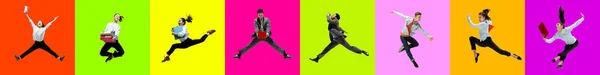 Collage of portraits of young jumping people on multicolored background in motion and action — Stock Photo, Image