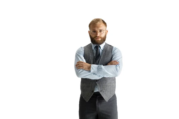 Alegre guapo hombre de negocios aislado sobre blanco estudio fondo —  Fotos de Stock