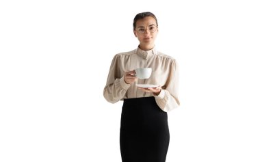 Güzel iş kadını, sekreter, yönetici beyaz stüdyo arka planında izole edilmiş..