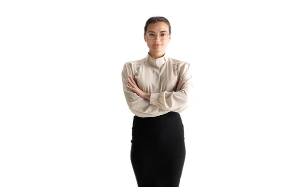 Όμορφη γυναίκα των επιχειρήσεων, γραμματέας, διευθυντής απομονώνονται σε λευκό φόντο στούντιο. — Φωτογραφία Αρχείου