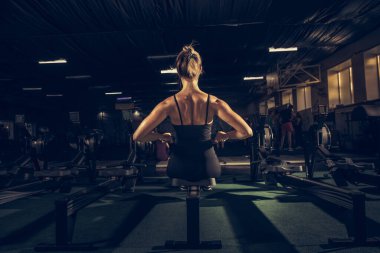 Spor salonunda sıkı çalışan bayan sporcu. Fitness ve sağlıklı yaşam konsepti.