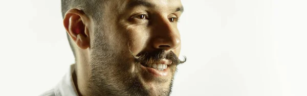 Caucasian young mans close up cropped shot on studio background, flyer — Stock Photo, Image