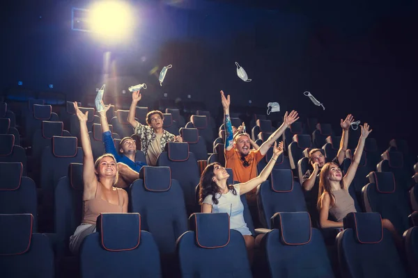 Cinema, movie theatre during quarantine. Coronavirus pandemic safety rules, social distance during movie watching — Stock Photo, Image