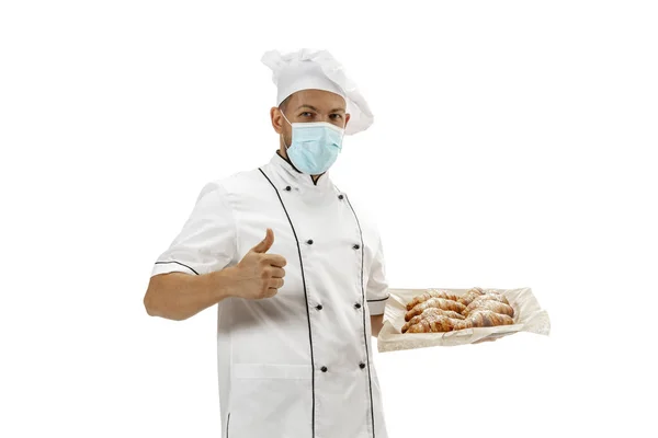 Cocina, chef, panadero en uniforme aislado sobre fondo blanco, gourmet. — Foto de Stock