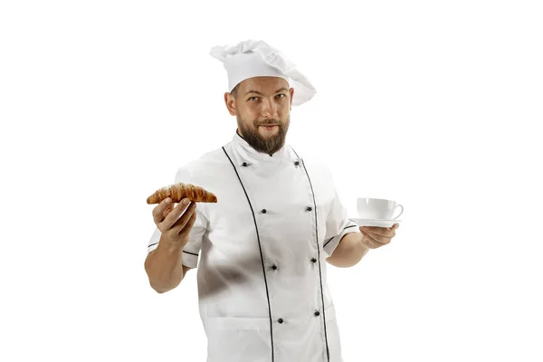Főzés, szakács, pék egyenruhában elszigetelt fehér háttér, ínyenc. — Stock Fotó