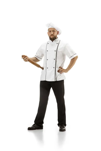 Cuisinière, chef, boulangère en uniforme isolée sur fond blanc, gastronomique. — Photo