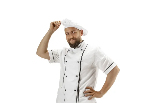 Cocina, chef, panadero en uniforme aislado sobre fondo blanco, gourmet. —  Fotos de Stock
