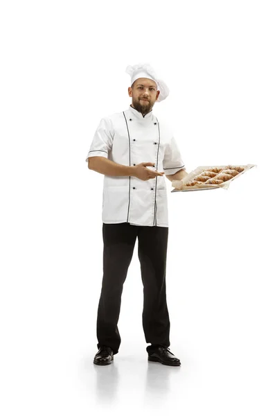 Fogão, chef, padeiro em uniforme isolado sobre fundo branco, gourmet. — Fotografia de Stock